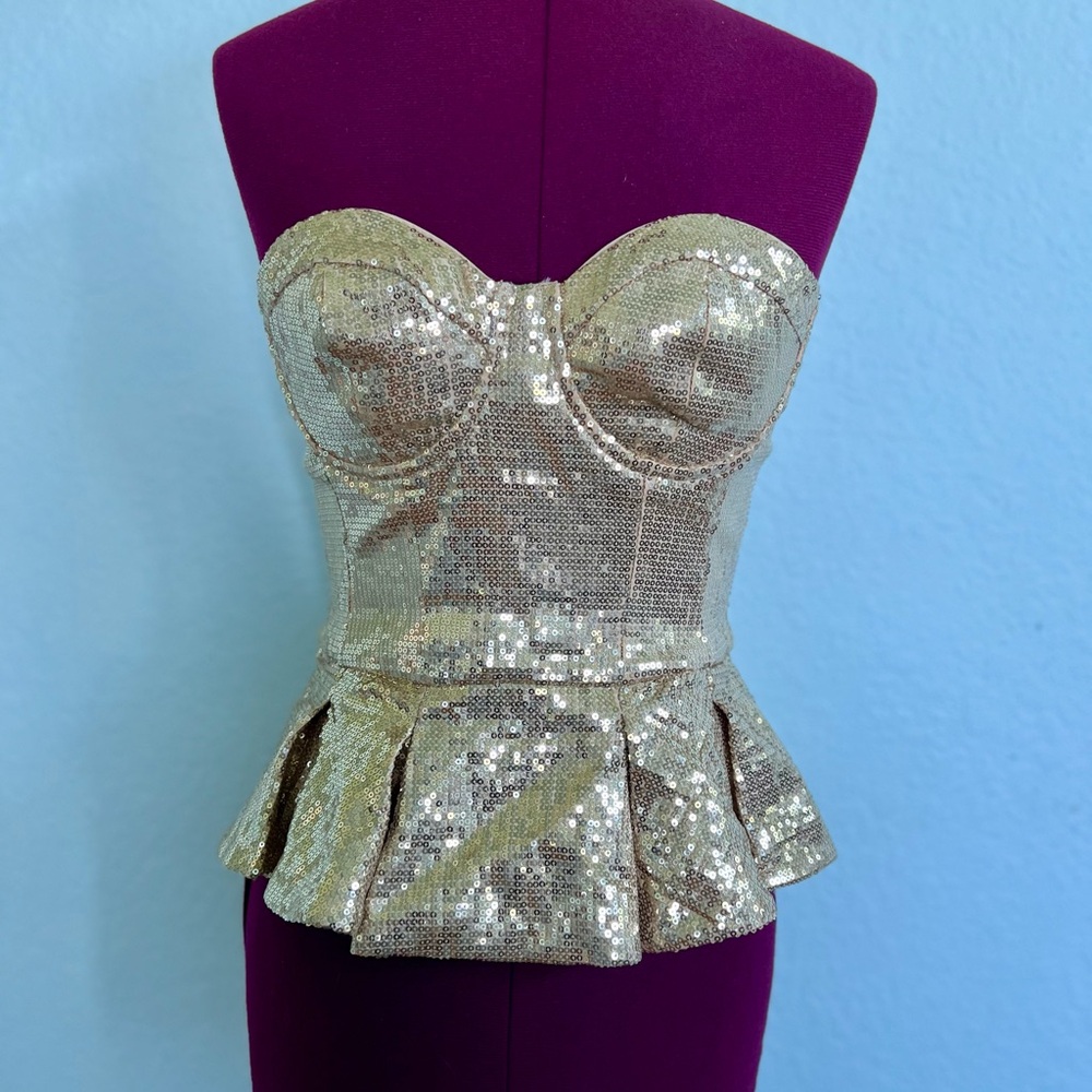 Bebe Uptown Gold Sequin Peplum Bustier Top